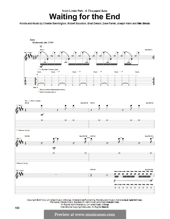 Waiting for the End (Linkin Park): For guitar with tab by Brad Delson, Charles Bennington, David Farrell, Joseph Hahn, Mike Shinoda, Rob Bourdon