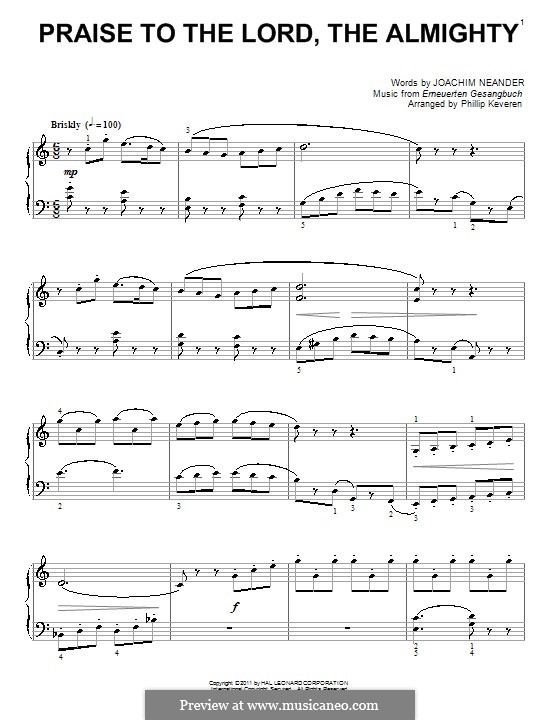 Praise to the Lord, the Almighty: For piano (classical version) by Unknown (works before 1850)