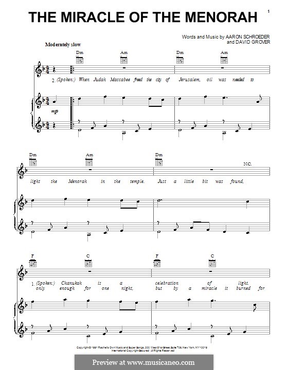 The Miracle of the Menorah (David Grover & The Big Bear Band): For voice and piano (or guitar) by Aaron Schroeder, David Grover