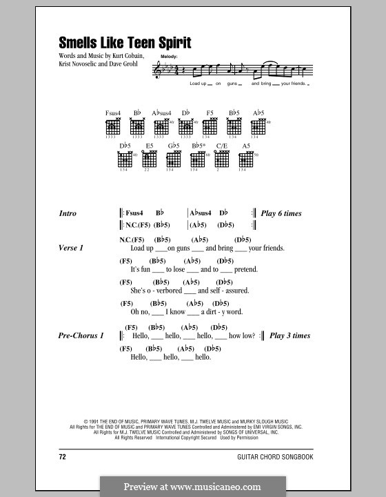 Vocal version: Lyrics and chords (with chord boxes) by David Grohl, Krist Novoselic, Kurt Cobain