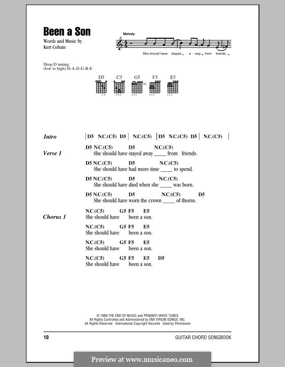 Been a Son (Nirvana): Lyrics and chords (with chord boxes) by Kurt Cobain