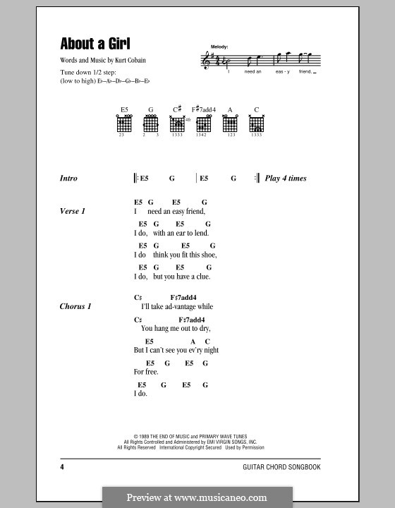 About a Girl (Nirvana): Lyrics and chords (with chord boxes) by Kurt Cobain