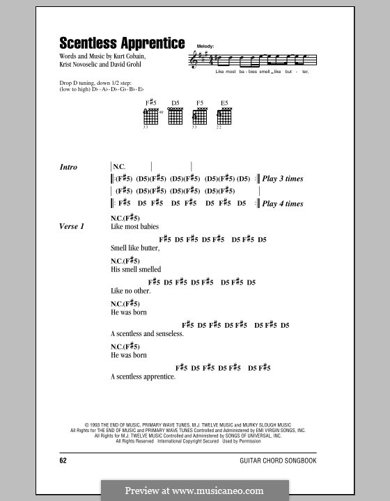 Scentless Apprentice (Nirvana): Lyrics and chords (with chord boxes) by David Grohl, Krist Novoselic, Kurt Cobain