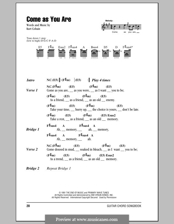 Come as You Are (Nirvana): Lyrics and chords (with chord boxes) by Kurt Cobain