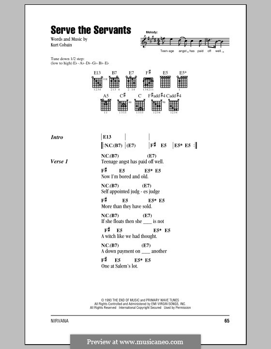 Serve the Servants (Nirvana): Lyrics and chords (with chord boxes) by Kurt Cobain