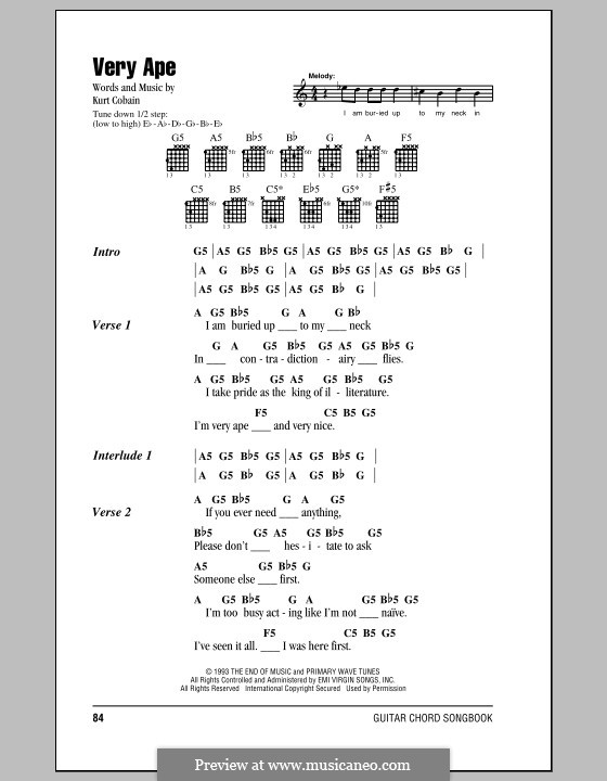 Very Ape (Nirvana): Lyrics and chords (with chord boxes) by Kurt Cobain