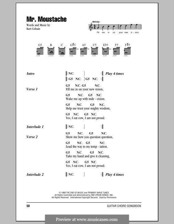 Mr. Moustache (Nirvana): Lyrics and chords (with chord boxes) by Kurt Cobain