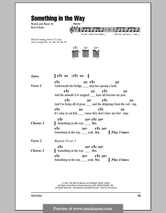 Something in the Way (Nirvana): Lyrics and chords (with chord boxes) by Kurt Cobain