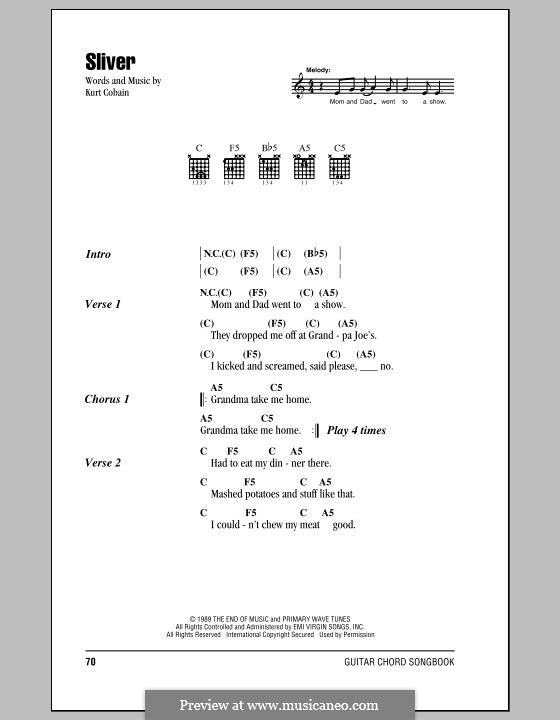 Sliver (Nirvana): Lyrics and chords (with chord boxes) by Kurt Cobain