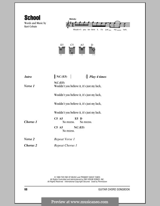 School (Nirvana): Lyrics and chords (with chord boxes) by Kurt Cobain