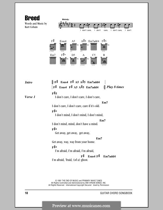 Breed (Nirvana): Lyrics and chords (with chord boxes) by Kurt Cobain