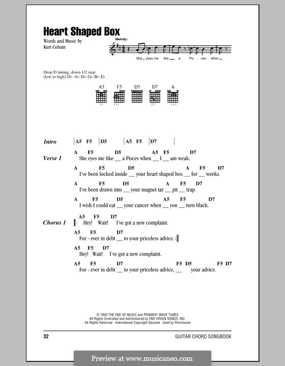 Heart Shaped Box (Nirvana): Lyrics and chords (with chord boxes) by Kurt Cobain