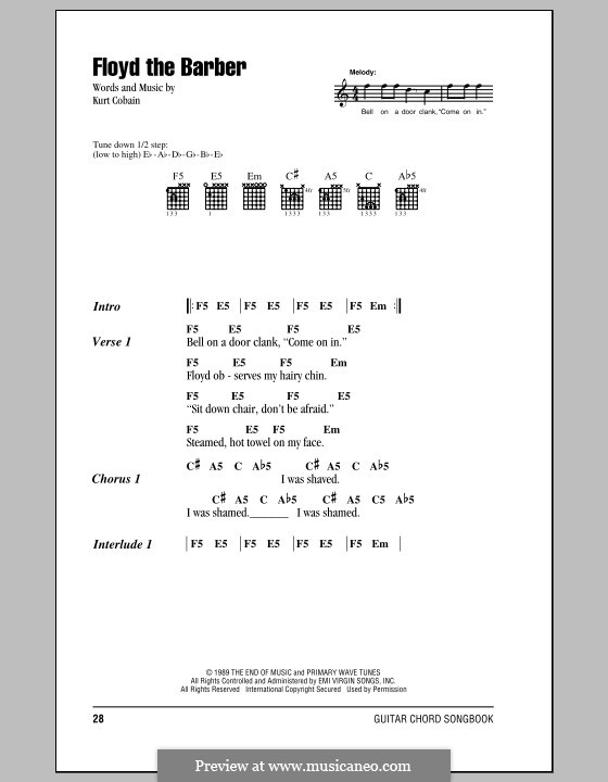 Floyd the Barber (Nirvana): Lyrics and chords (with chord boxes) by Kurt Cobain