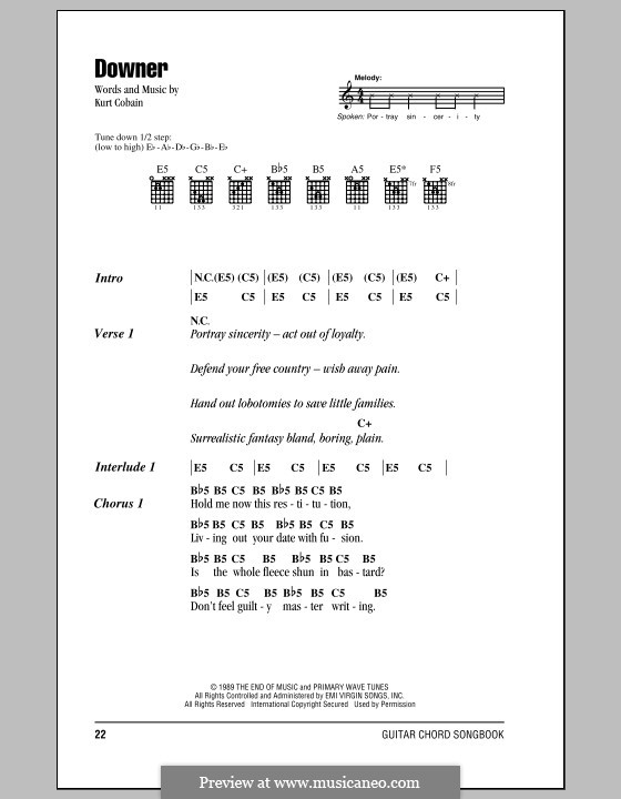 Downer (Nirvana): Lyrics and chords (with chord boxes) by Kurt Cobain