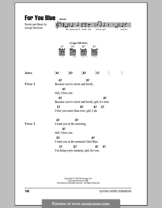 For You Blue (The Beatles): Lyrics and chords (with chord boxes) by George Harrison