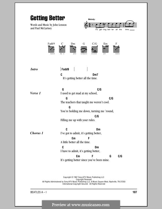 Getting Better (The Beatles): Lyrics and chords (with chord boxes) by John Lennon, Paul McCartney