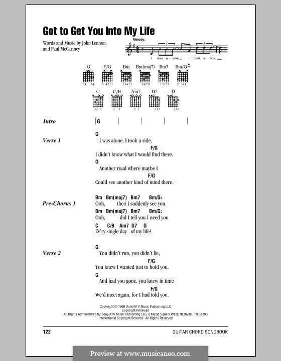 Got To Get You Into My Life (The Beatles): Lyrics and chords (with chord boxes) by John Lennon, Paul McCartney