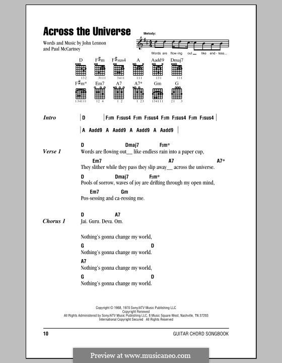 Across the Universe (The Beatles): Lyrics and chords (with chord boxes) by John Lennon, Paul McCartney