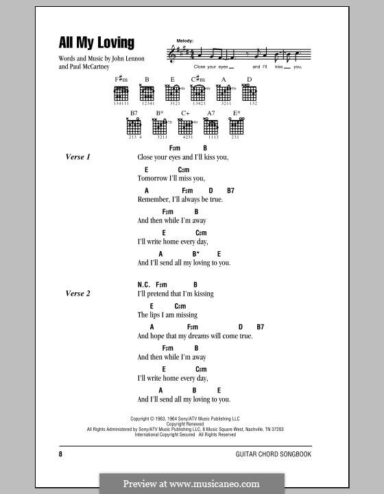 All My Loving (The Beatles): Lyrics and chords with chord boxes by John Lennon, Paul McCartney