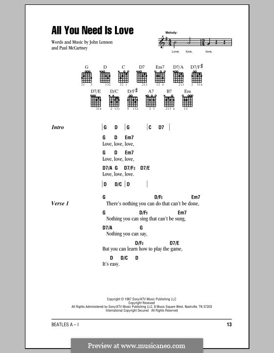 All You Need Is Love (The Beatles): Lyrics and chords (with chord boxes) by John Lennon, Paul McCartney