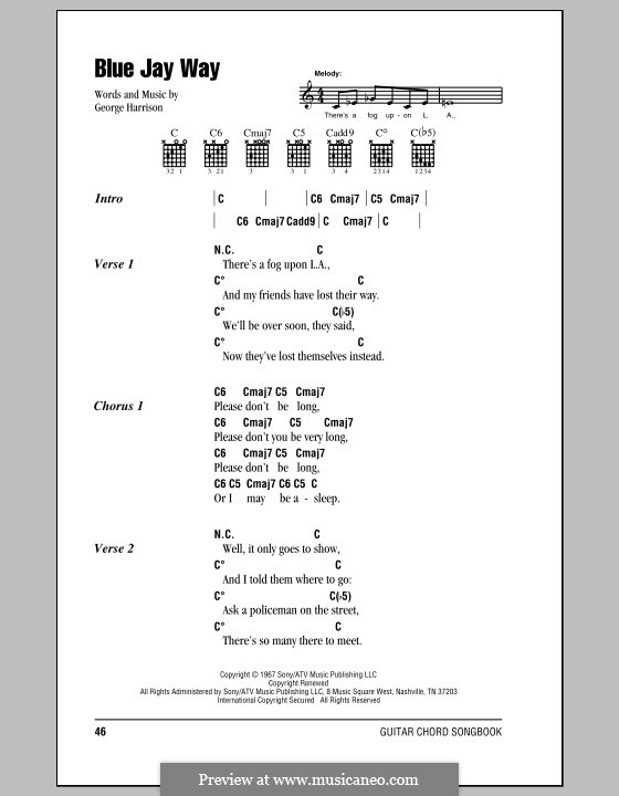 Blue Jay Way (The Beatles): Lyrics and chords (with chord boxes) by George Harrison