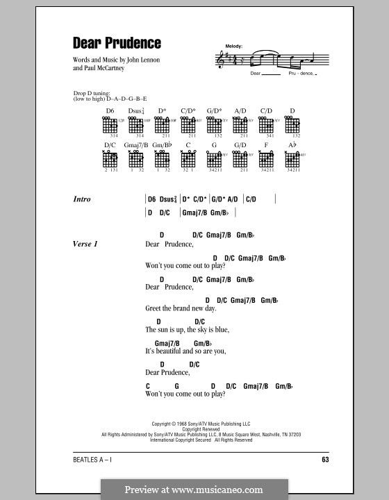 Dear Prudence (The Beatles): Lyrics and chords (with chord boxes) by John Lennon, Paul McCartney