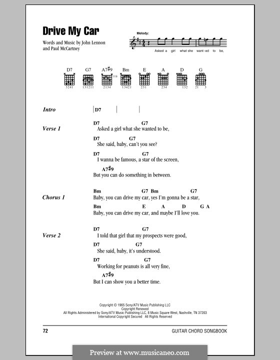 Drive My Car (The Beatles): Lyrics and chords (with chord boxes) by John Lennon, Paul McCartney