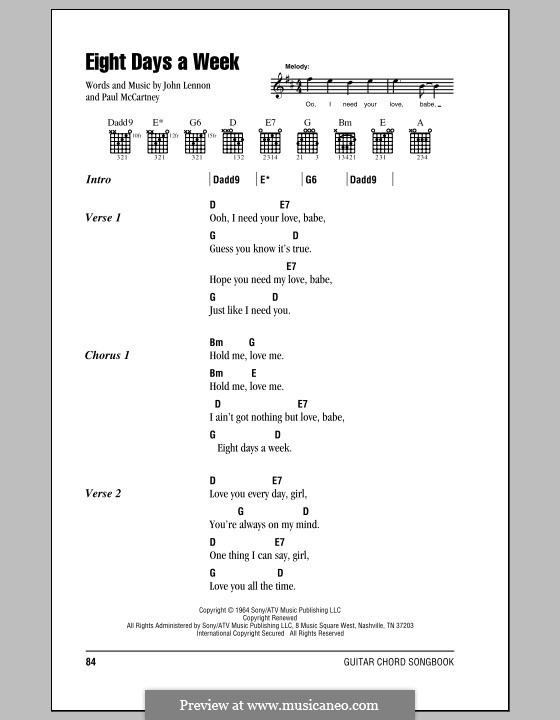 Eight Days a Week (The Beatles): Lyrics and chords (with chord boxes) by John Lennon, Paul McCartney