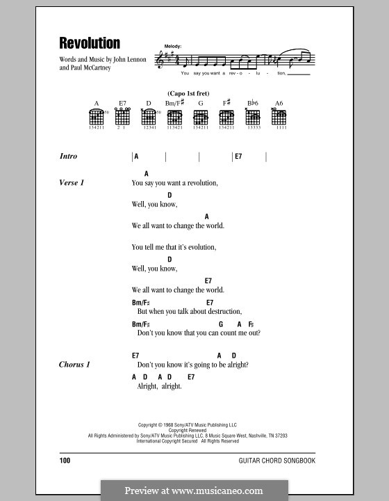 Revolution (The Beatles): Lyrics and chords (with chord boxes) by John Lennon, Paul McCartney