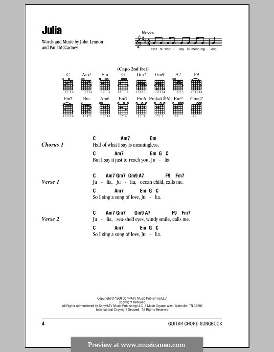 Julia (The Beatles): Lyrics and chords (with chord boxes) by John Lennon, Paul McCartney