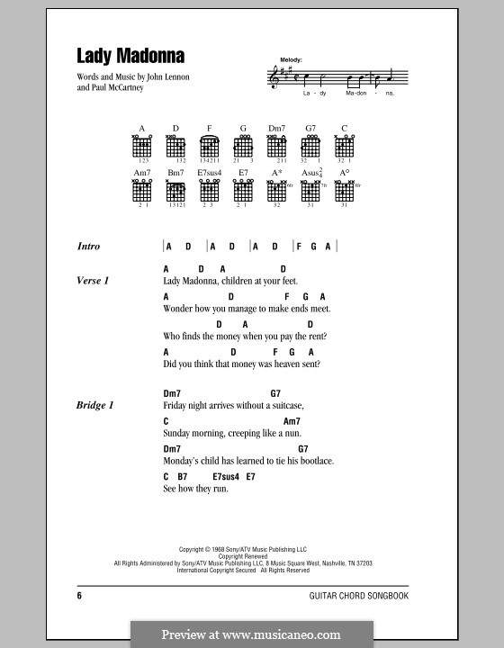 Lady Madonna (The Beatles): Lyrics and chords (with chord boxes) by John Lennon, Paul McCartney