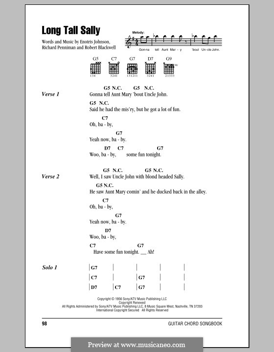 Long Tall Sally: Lyrics and chords (with chord boxes) by Little Richard, Enotris Johnson, Robert A. Blackwell