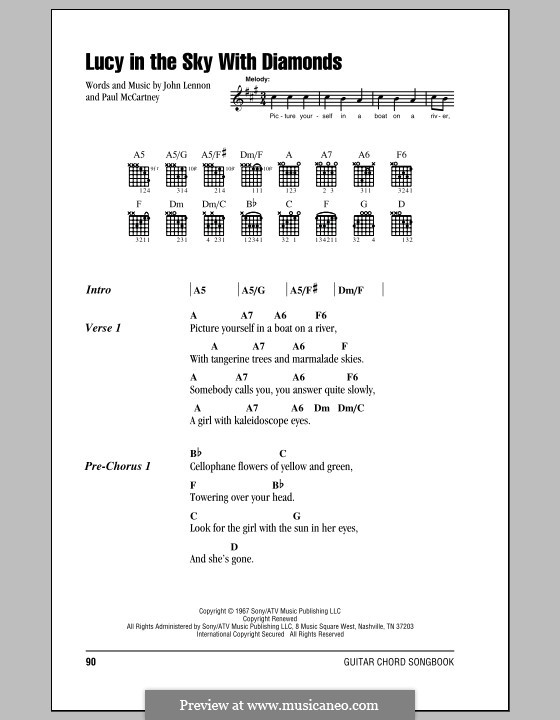 Lucy in the Sky with Diamonds (The Beatles): Lyrics and chords (with chord boxes) by John Lennon, Paul McCartney