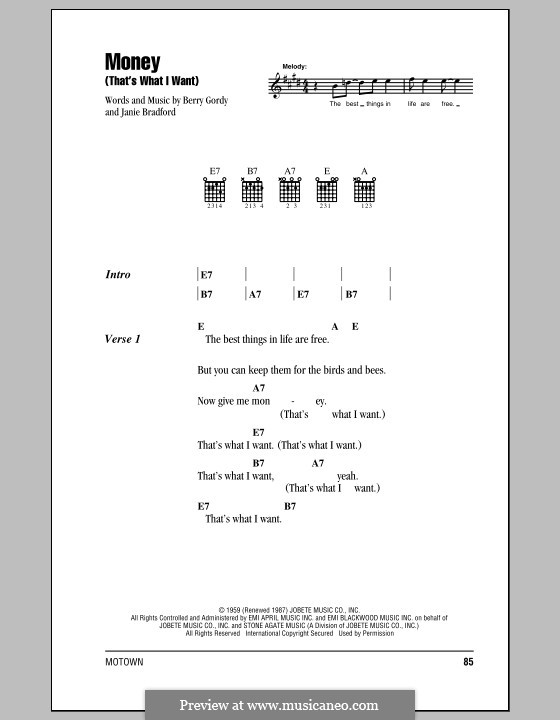 Money (That's What I Want): Lyrics and chords with chord boxes (The Beatles) by Berry Gordy, Janie Bradford