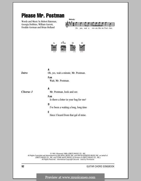 Please Mr. Postman: Lyrics and chords (with chord boxes) by Brian Holland, Freddie Gorman, Georgia Dobbins, Robert Bateman, William Garrett