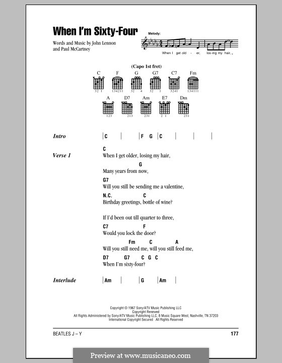 When I'm Sixty-Four (The Beatles): Lyrics and chords (with chord boxes) by John Lennon, Paul McCartney