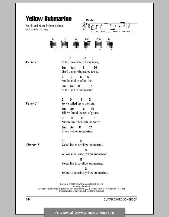 Yellow Submarine (The Beatles): Lyrics and chords (with chord boxes) by John Lennon, Paul McCartney