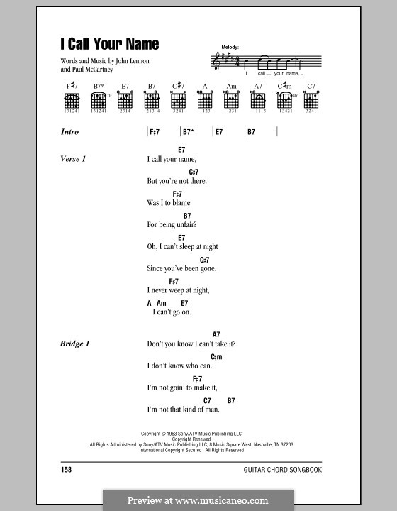 I Call Your Name (The Beatles): Lyrics and chords (with chord boxes) by John Lennon, Paul McCartney