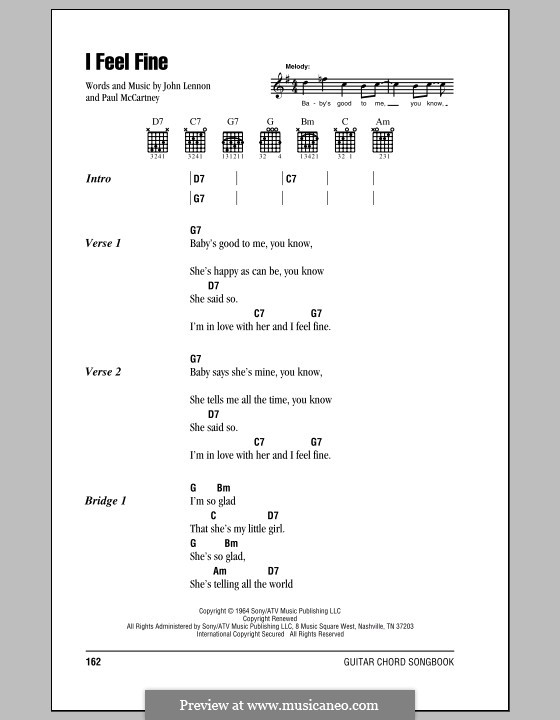 I Feel Fine (The Beatles): Lyrics and chords (with chord boxes) by John Lennon, Paul McCartney