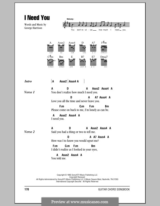 I Need You (The Beatles): Lyrics and chords (with chord boxes) by George Harrison