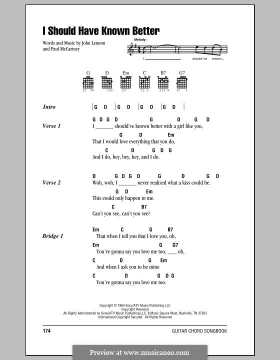 I Should Have Known Better (The Beatles): Lyrics and chords (with chord boxes) by John Lennon, Paul McCartney