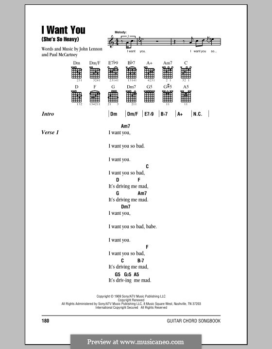 I Want You (She's So Heavy): Lyrics and chords with chord boxes (The Beatles) by John Lennon, Paul McCartney