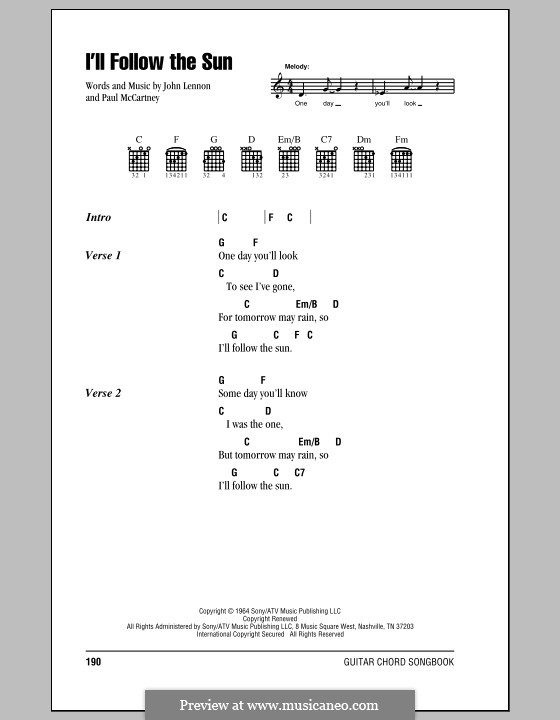 I'll Follow the Sun (The Beatles): Lyrics and chords (with chord boxes) by John Lennon, Paul McCartney