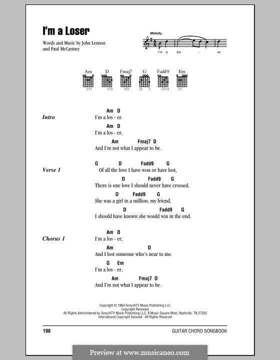 I'm a Loser (The Beatles): Lyrics and chords (with chord boxes) by John Lennon, Paul McCartney