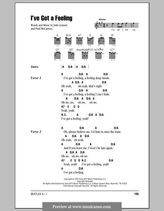 I've Got a Feeling (The Beatles): Lyrics and chords (with chord boxes) by John Lennon, Paul McCartney