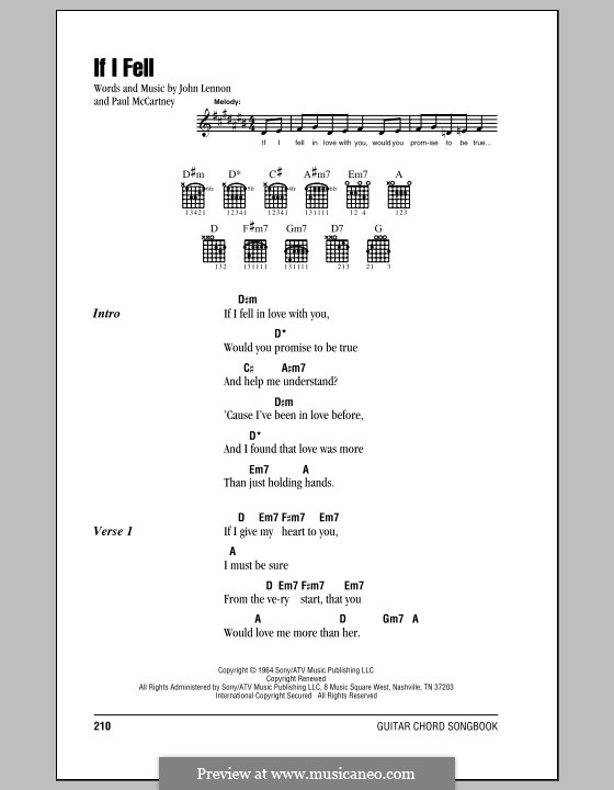 If I Fell (The Beatles): Lyrics and chords (with chord boxes) by John Lennon, Paul McCartney