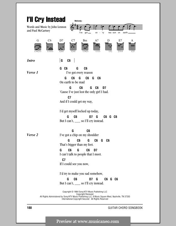 I'll Cry Instead (The Beatles): Lyrics and chords (with chord boxes) by John Lennon, Paul McCartney