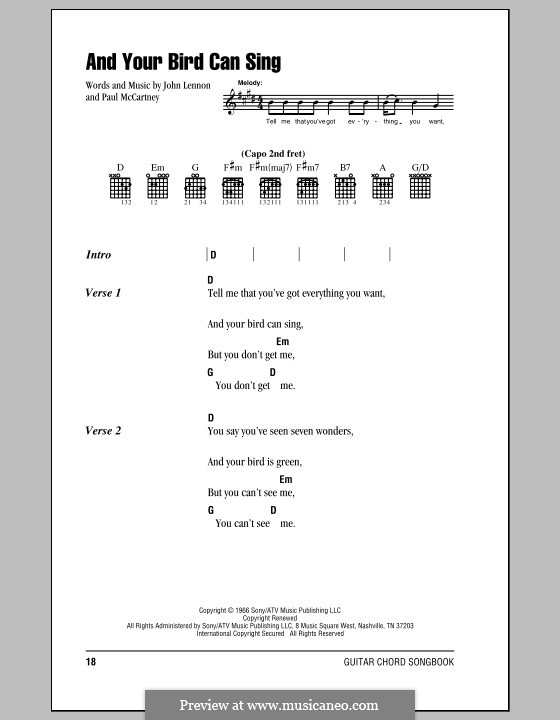 And Your Bird Can Sing (The Beatles): Lyrics and chords (with chord boxes) by John Lennon, Paul McCartney