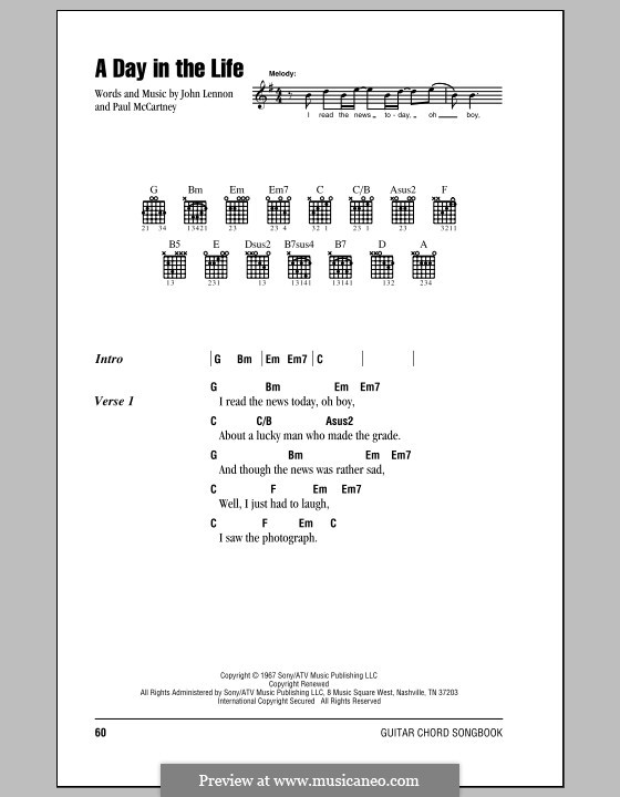A Day in the Life (The Beatles): Lyrics and chords (with chord boxes) by John Lennon, Paul McCartney