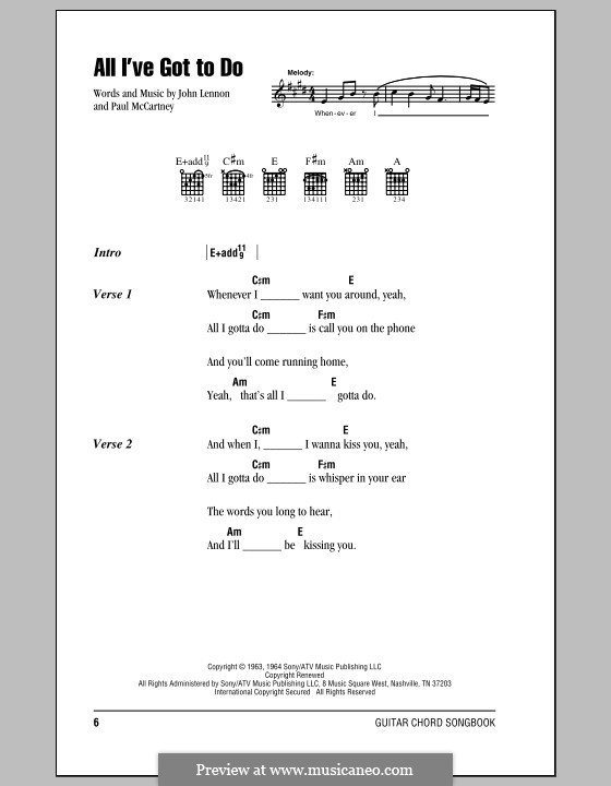 All I've Got to Do (The Beatles): Lyrics and chords (with chord boxes) by John Lennon, Paul McCartney